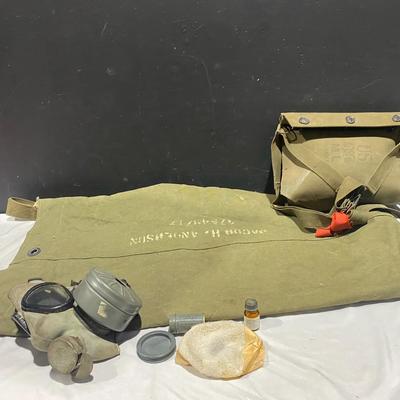 Vintage 40s-70s Canvas Military Bags Including Gas Mask Bag & Gas Mask