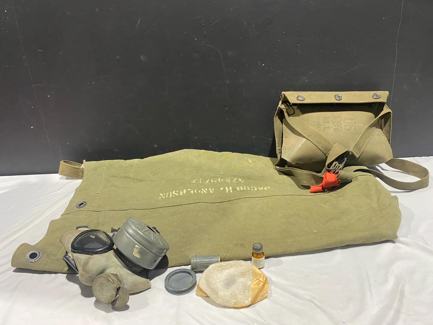 Vintage 40s-70s Canvas Military Bags Including Gas Mask Bag & Gas Mask