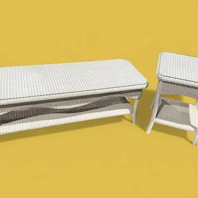 White Wicker Sofa & End Tables With Glass Tops