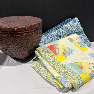 Mid 20th Century Hand Woven Rattan Bamboo Basket & Vintage Fan Quilt + More