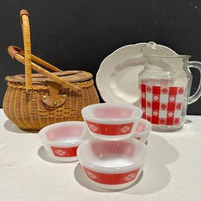 Vintage Federal Gingham Pitcher & Bowl, Wicker Fishing Creel Basket + More