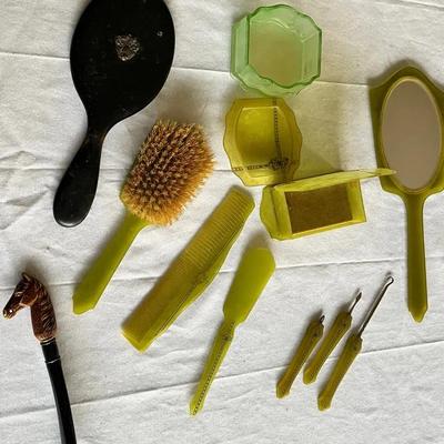 1920s Large Art Deco, Decorative Green Celluloid Mirror, Comb, Brush, Etc.