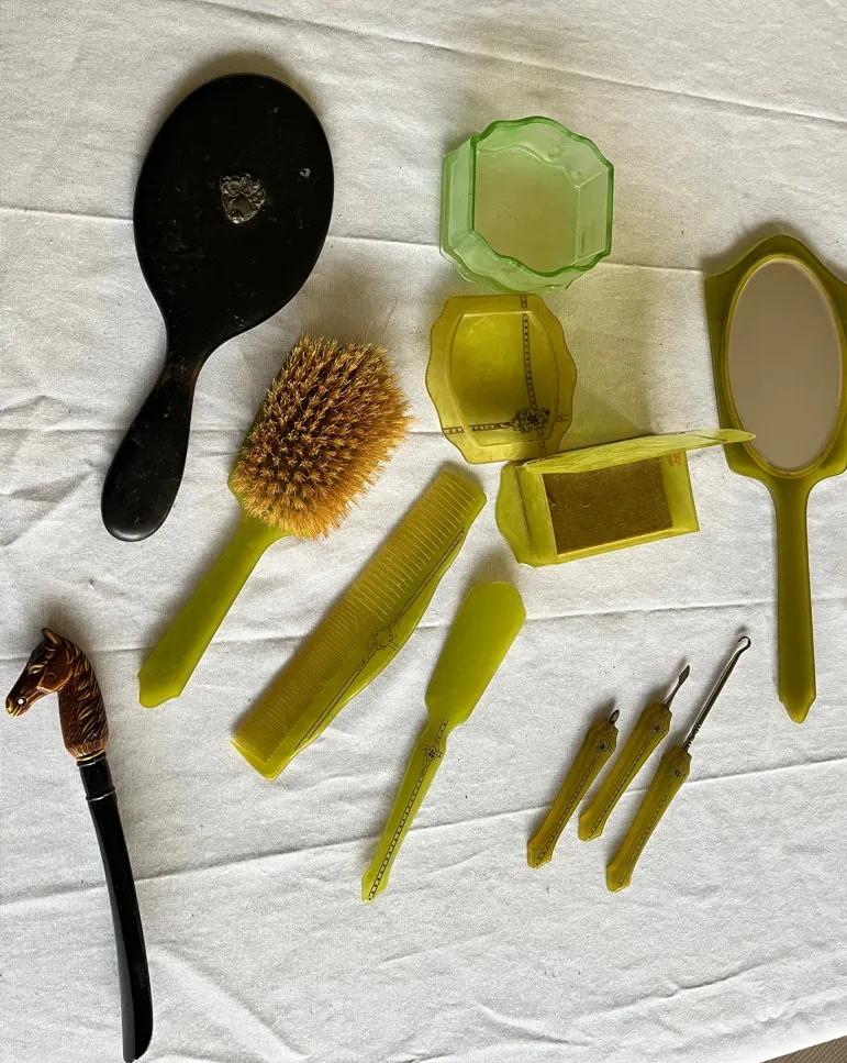 1920s Large Art Deco, Decorative Green Celluloid Mirror, Comb, Brush, Etc.