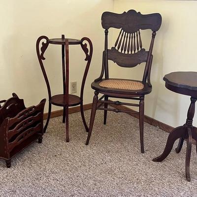Victorian-era side chair with a caned seat With Side Tables And Magazine Stand