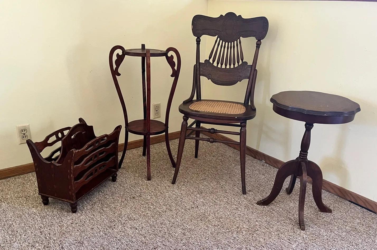 Victorian-era side chair with a caned seat With Side Tables And Magazine Stand