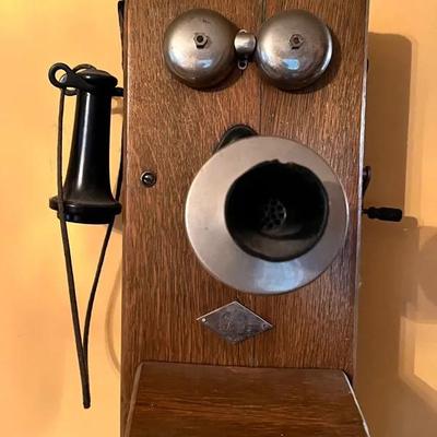 antique Swedish American wooden wall-mounted telephone