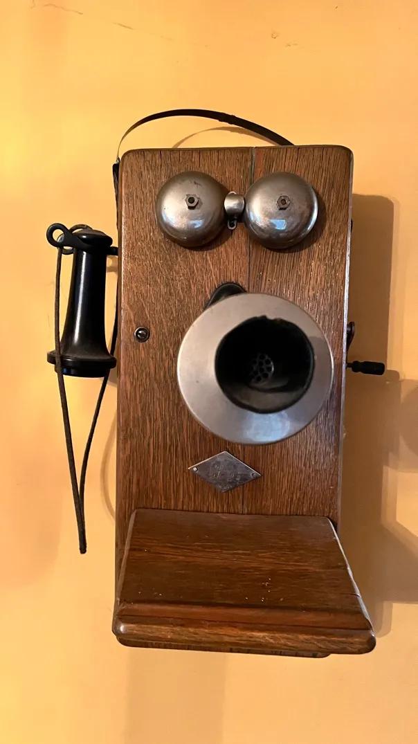antique Swedish American wooden wall-mounted telephone