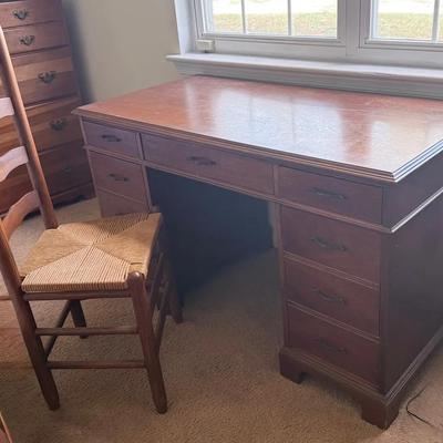 Lot 445: Vintage Solid Wood Writing Desk with Ladder-Back Chair – 7-Drawer Office or Vanity Desk