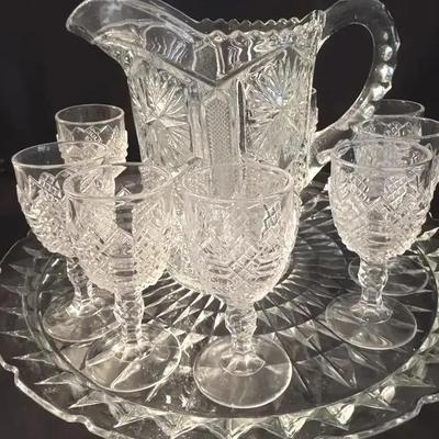 Lot 142:  Vintage Pressed Glass Pitcher and Nine 3oz Goblet Set with Matching Tray