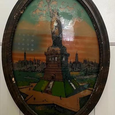 Lot 312: Antique Reverse Painted Glass Artwork — Statue of Liberty, N.Y. (22” x 18”)