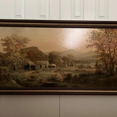 Lot 329: Large Framed Pastoral Landscape Print – Rustic Country Farm Scene