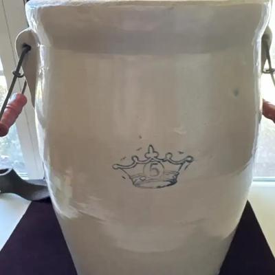 Lot 111:  Antique 5-Gallon Stoneware Butter Churn with Crown Mark and Wooden Dasher