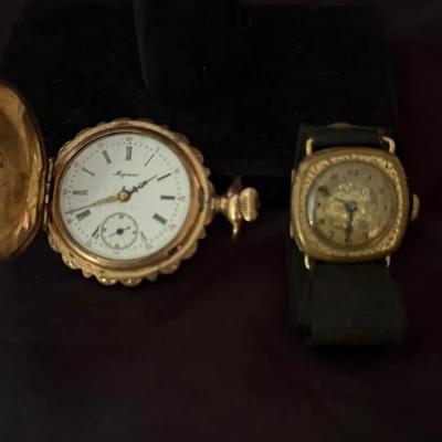 Lot 432: Vintage Ingraham Pocket Watch & Ladies Gold-Tone Wristwatch Lot – Ornate Engraved Cases