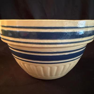 Lot 529: Vintage Blue Banded Stoneware Mixing Bowl – Farmhouse Ribbed Pottery