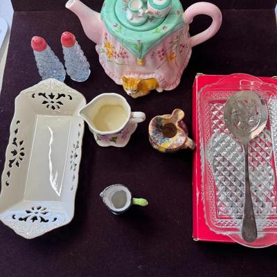 Lot 152:  Teapot (lid Sugar Bowl Has Some Damage), Lenox Tray, Pitchers