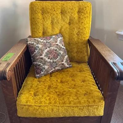 Lot 100: Vintage Mission-Style Oak Armchair with Gold Velvet Cushion