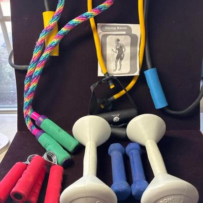 Lot 149:  Home Fitness Equipment Lot – Dumbbells, Resistance Bands, Jump Ropes & Hand Grips