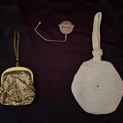 Lot 436: 2 Vintage Handbags with Gold-Tone Mesh Purse, Crochet Wristlet, and Dragonfly Purse Hook