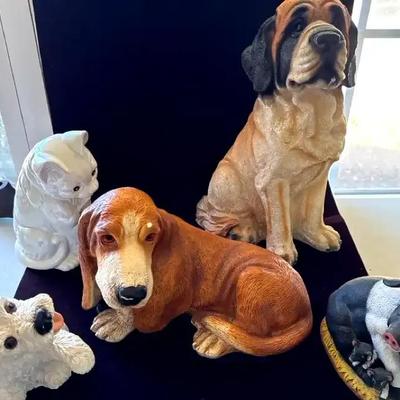 Lot 117:  Vintage Dog & Animal Figurine Group – Seated Basset / Hound + Mastiff-Style Dog + 