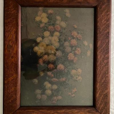 Lot 327: Antique Floral Still Life Print in Quarter-Sawn Oak Frame