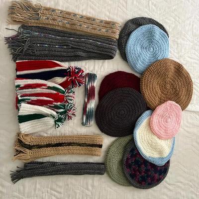 Lot 332: Lot of Hand-Crocheted Winter Hats, Scarves & Accessories