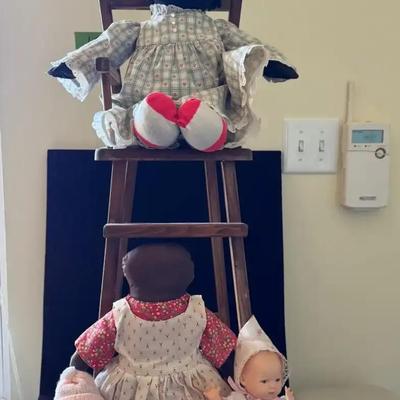 Lot 126:  Handmade Doll chair And Vintage Handmade Cloth and Vinyl Doll Collection Display