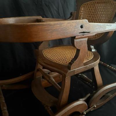 Lot 106:  Antique Victorian Convertible Wooden Baby Highchair and Rocking Chair (Doll Not Included)