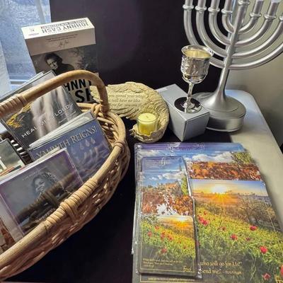 Lot 148:  Inspirational Faith Lot – Religious CDs, Johnny Cash New Testament Set, Menorah, Chalice &