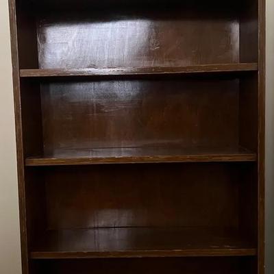Lot 308: Vintage Wooden Bookcase — 3 Shelves (34” x 26” x 7.5”)
