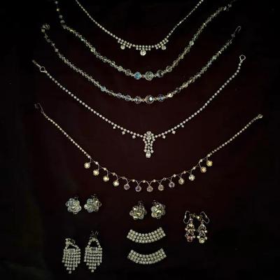 Lot 431: Vintage Rhinestone & Aurora Borealis Costume Jewelry Lot – Necklaces and Earrings Set