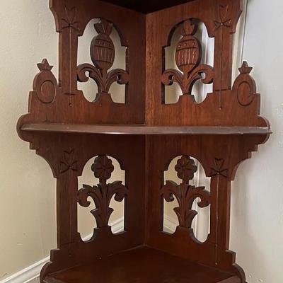 Lot 311: Vintage Wooden Corner Shelf — Ornate Carved Design (25”)