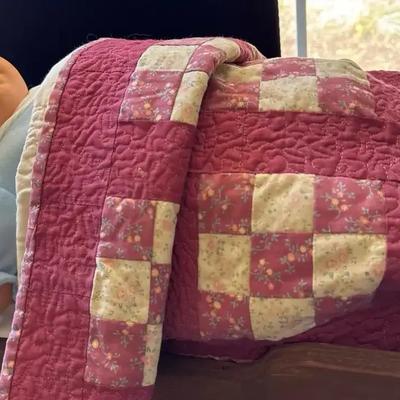 Lot 125:  Handmade Vintage Wooden Doll Cradle with Hand Stitched Patchwork Quilt and Baby Doll