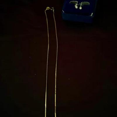 Lot 434: 14K Gold Necklace (Marked 585) with Diamond-Like Stud Earrings in Box