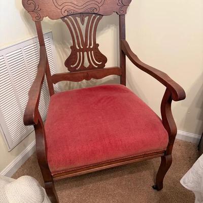 Lot 517: Vintage Lyre-Back Accent Chair with Red Upholstered Seat