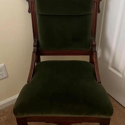 Lot 310: Antique Eastlake Parlor Chair — Carved Walnut with Green Velvet Upholstery