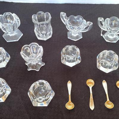 Antique helsey glass salts w s.& p. salt spoons & toothpick holders