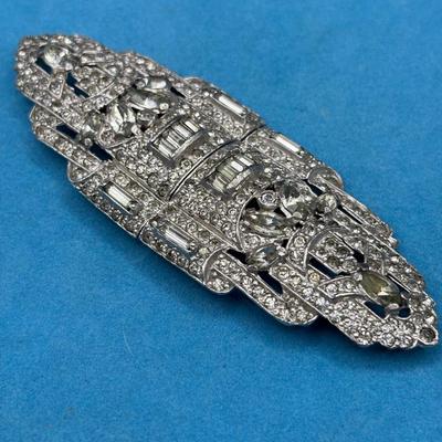 Vintage Art Deco Silver Stone Brooch With Rhinestones 