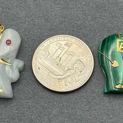 14k Gold Accent Malachite & Jade Elephant Pendents  