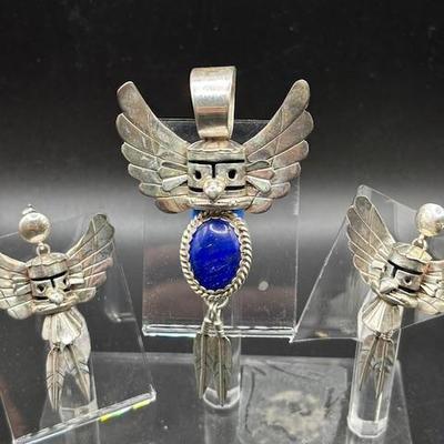 Vintage Silver Southwest Earrings/Pendent in Thunderbird Motif (3pc) Set Signed Gary Sanchez
