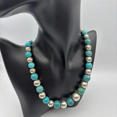 Vintage 925 Silver And Turquoise Beaded Necklace 