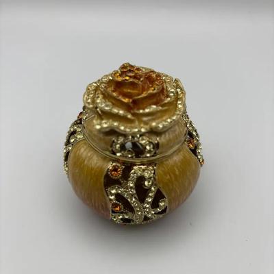 Peach Rose Trinket Box With Rhinestones 