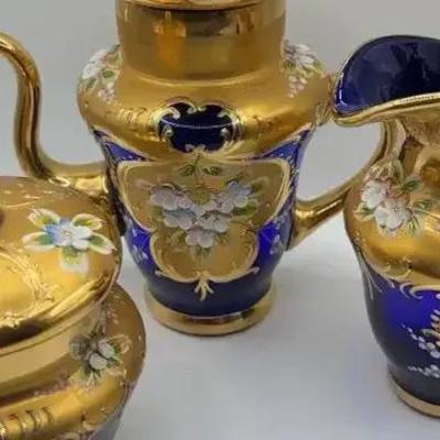 Vintage Venetian Murano Blue Glass Tea Set 