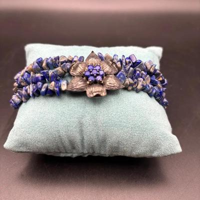 Silver 925 Lapis Blue With Floral Center Bracelet 