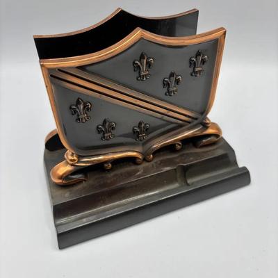 Vintage Mid Century Desk Mail Holder With Fleur De Lis Pattern