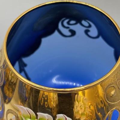 Vintage Itailian Glassware in cobalt blue and Gold with hand painted floral pattern