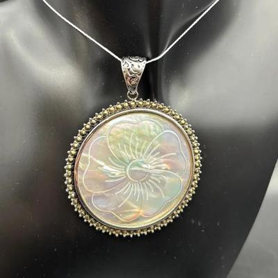 Silver 925 Carved Floral Mother Of Pearl Pendent