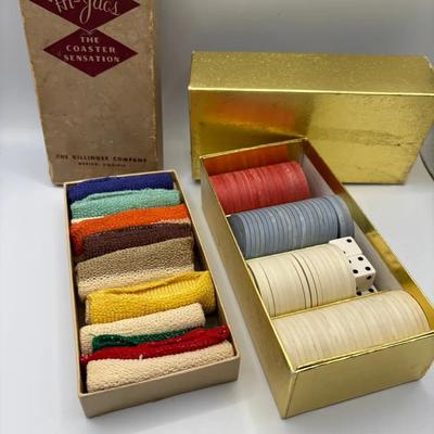 Vintage Poker Chips And “Hi-Jacs” Barware Coasters 