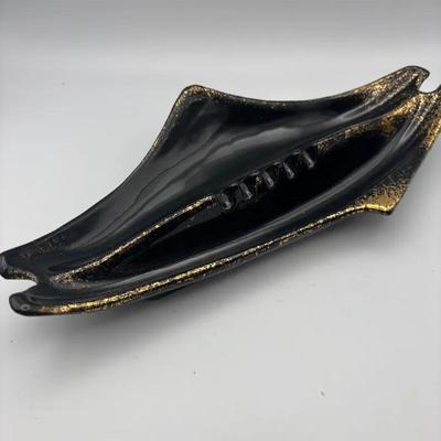 Mid Century Ashtray Black With Gold Accents