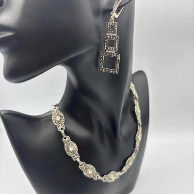 Vintage Silver Earrings With Marcasite And Metal With Rhinestone Necklace 
