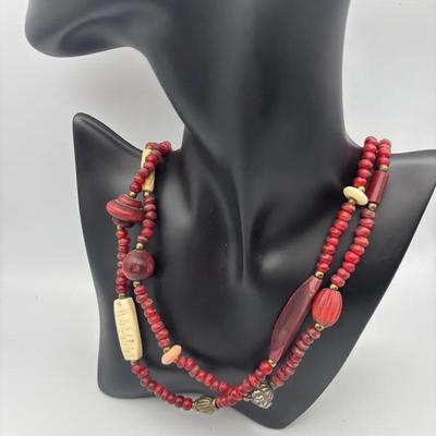 Necklace Featuring Red Wood & Metal Beads 